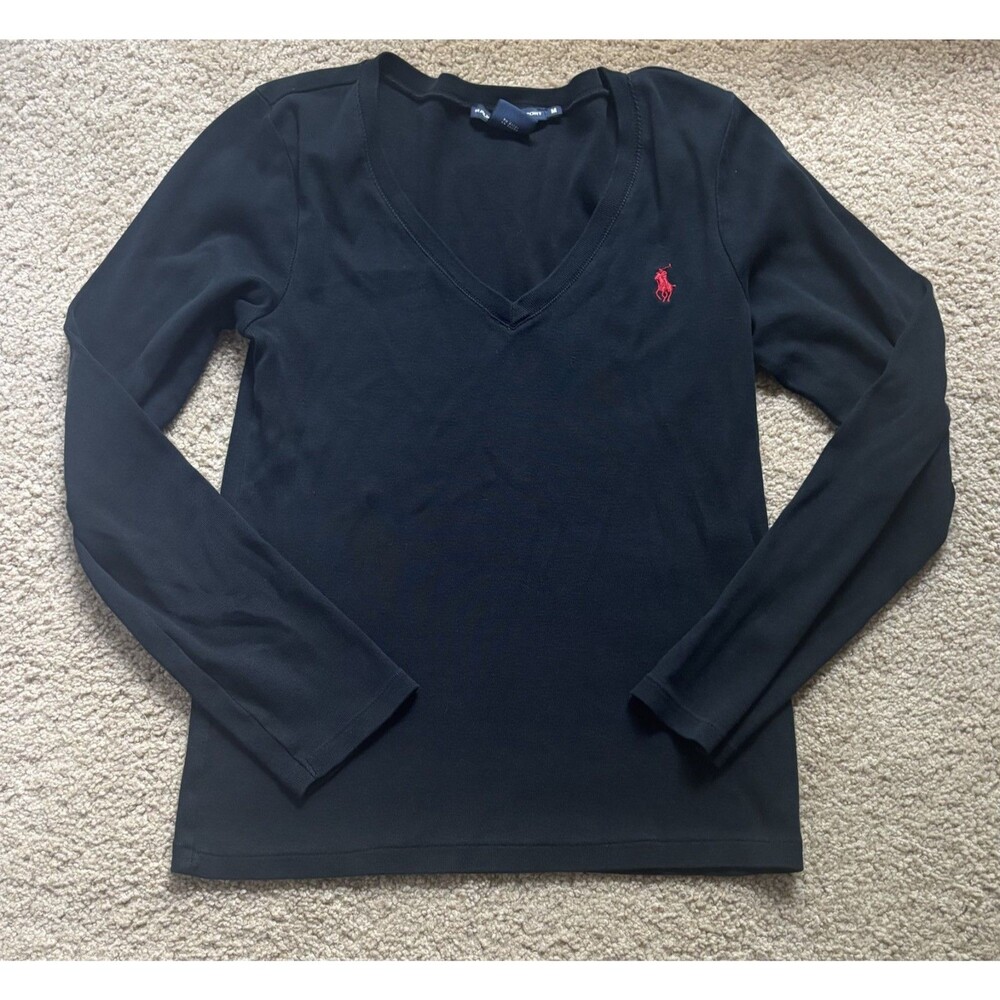 Ralph Lauren Sport V-Neck Tee Women M Black Long Sleeve Cotton Pony Logo Shirt